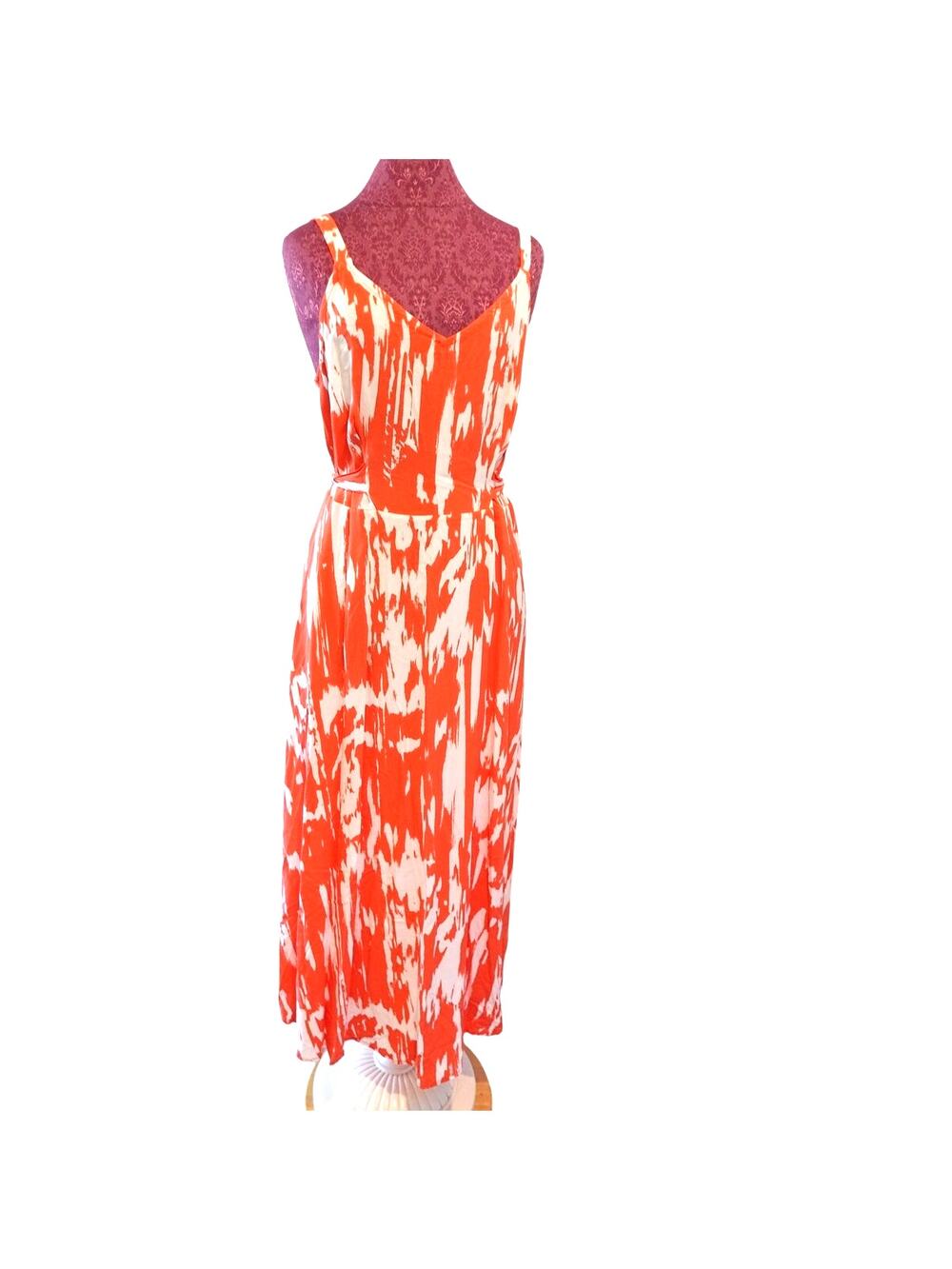 Soft cozy long summer sun dress geometric pattern Tangerine orange and white 2x